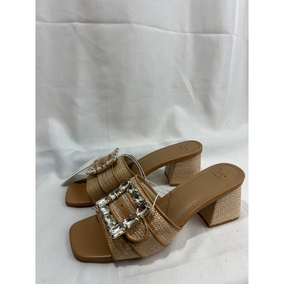 a new day Shoes - A New Day Womens Raffia Crystal Buckle Block Heel Slide Sandals Tan Size 9.5